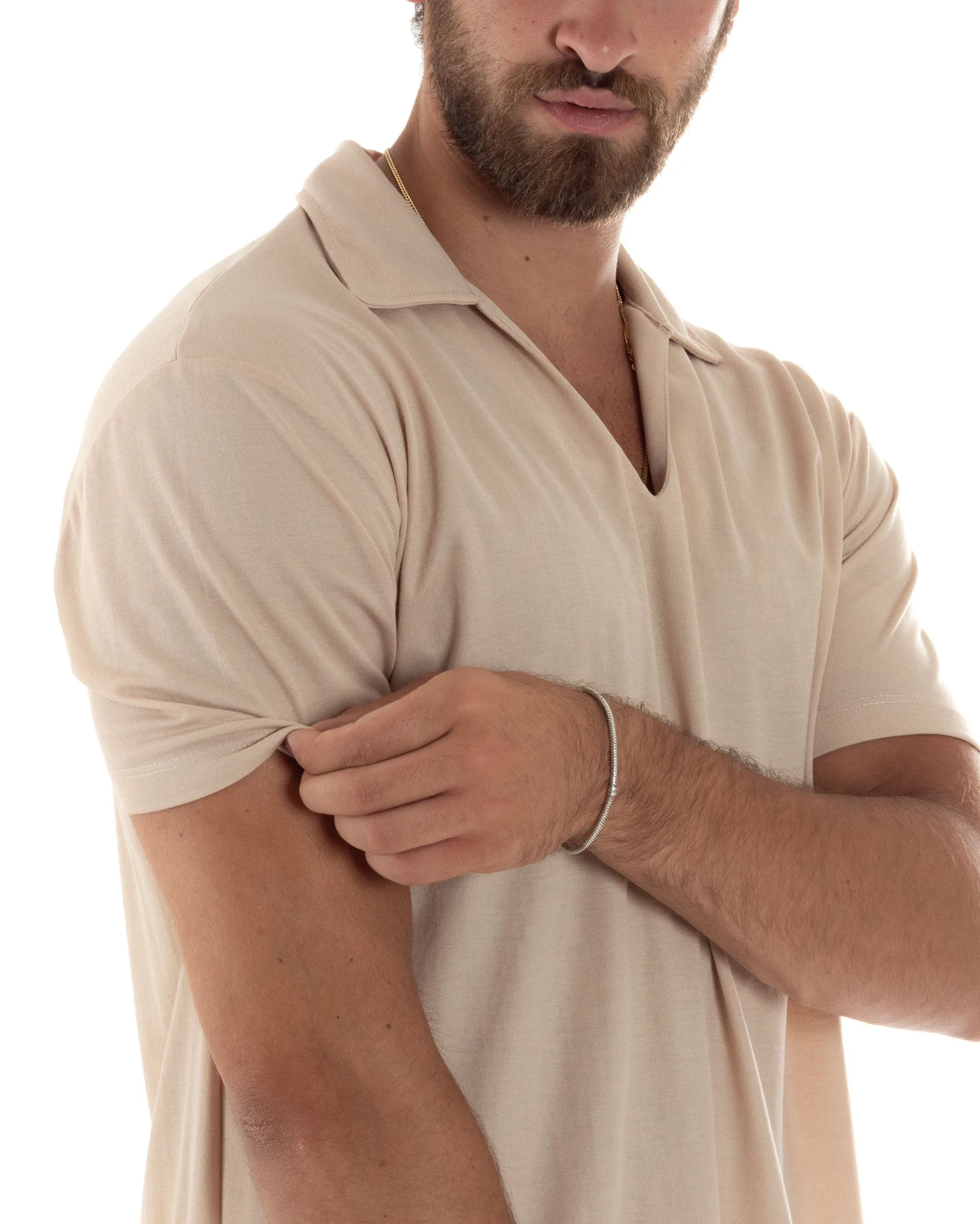 Polo Mezze Maniche Uomo Basic Scollo A V T-Shirt Con Colletto Tinta Unita Beige GIOSAL-TS3070A