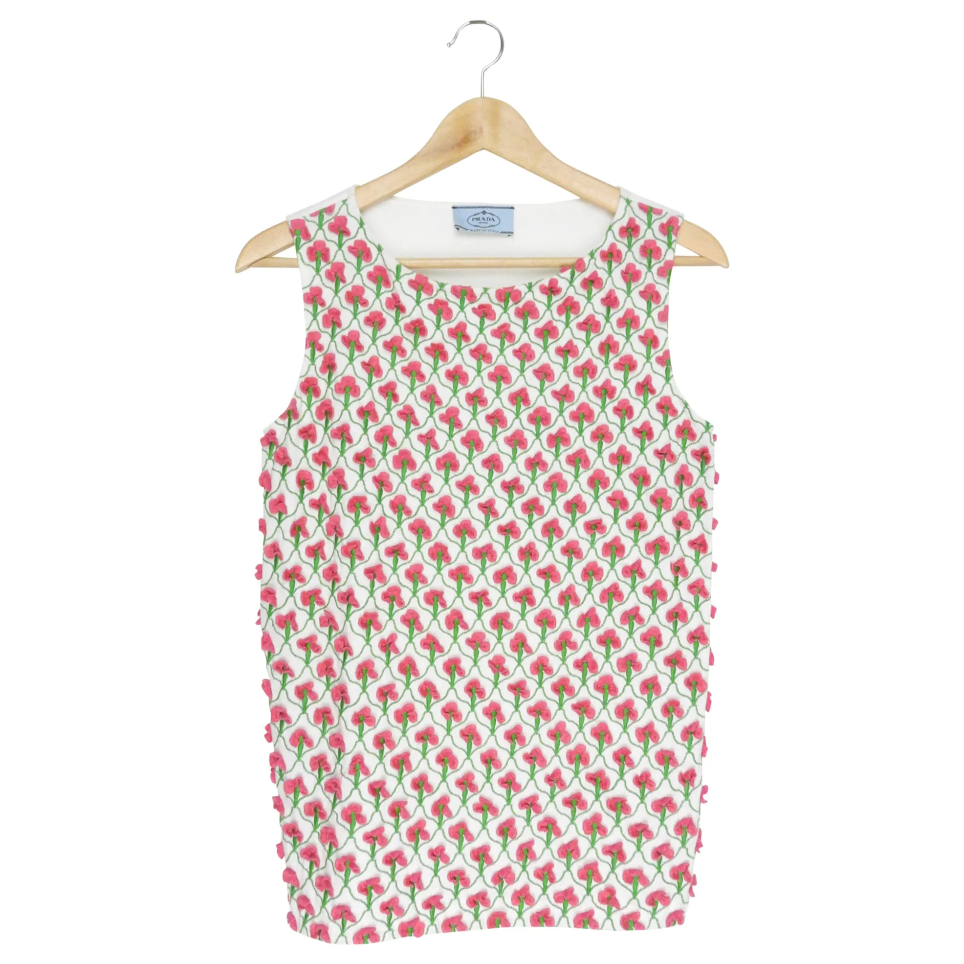 Prada White and Pink Floral Applique Cotton Tank Top - IT42