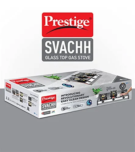 Prestige Svachh GTSV-03 Glass top LP Gas Table, 3 Burner, With Liftable Burner Set