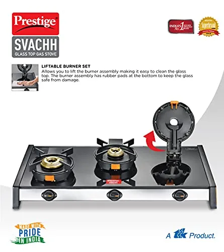 Prestige Svachh GTSV-03 Glass top LP Gas Table, 3 Burner, With Liftable Burner Set