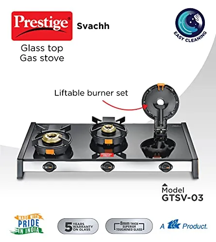 Prestige Svachh GTSV-03 Glass top LP Gas Table, 3 Burner, With Liftable Burner Set