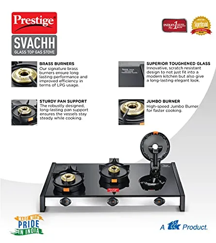 Prestige Svachh GTSV-03 Glass top LP Gas Table, 3 Burner, With Liftable Burner Set