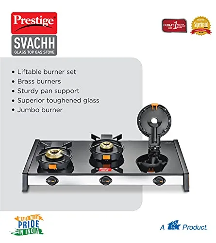 Prestige Svachh GTSV-03 Glass top LP Gas Table, 3 Burner, With Liftable Burner Set