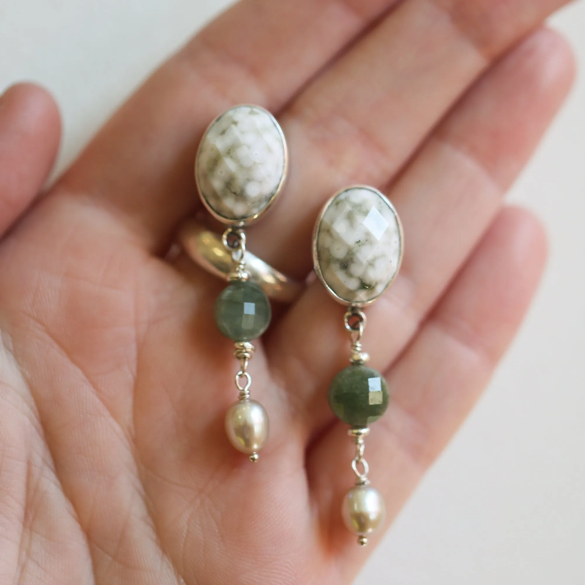 Ready to Ship - Ocean Jasper Posts with Jade and Peals - Silversmith Post Earrings - Sterling Silver Studs