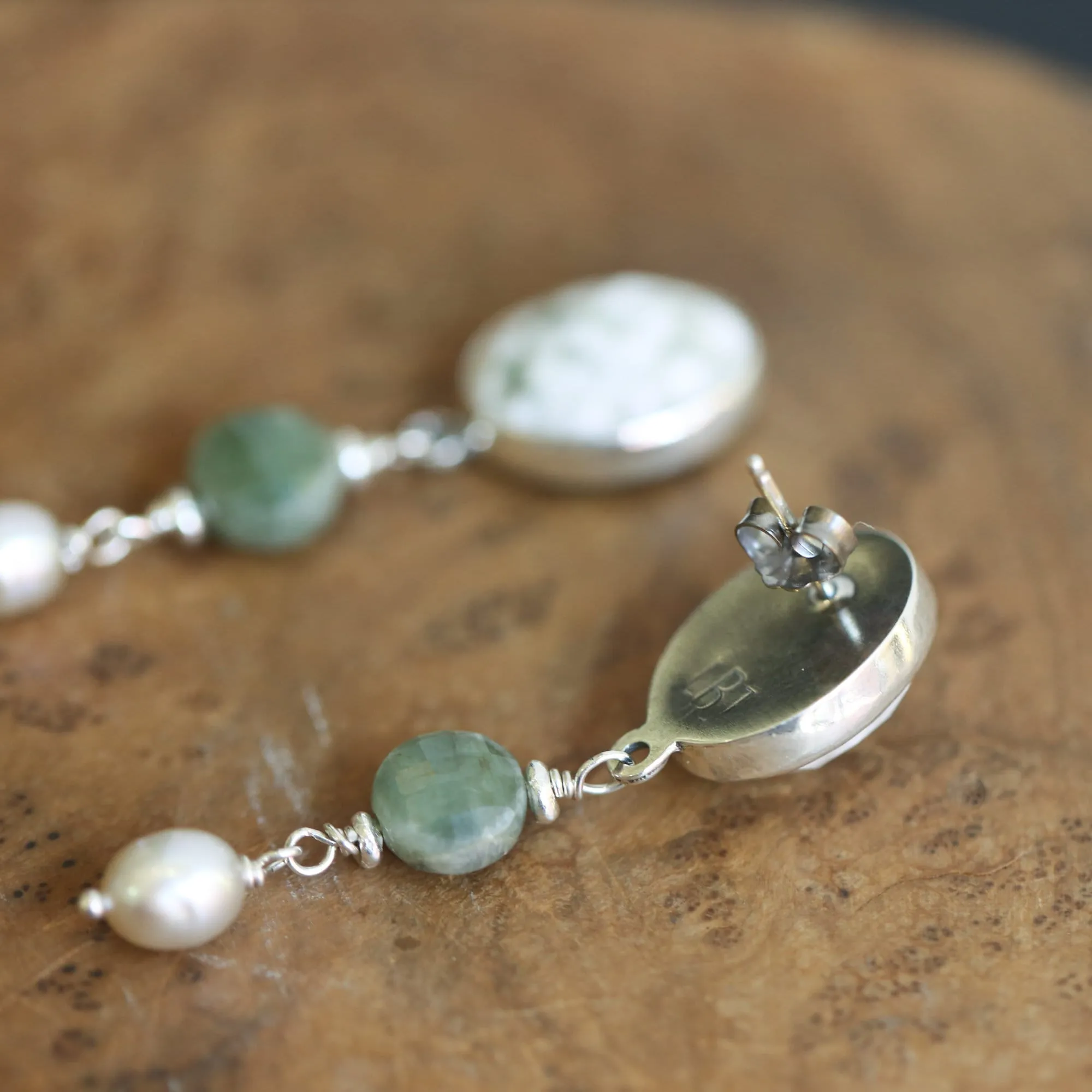 Ready to Ship - Ocean Jasper Posts with Jade and Peals - Silversmith Post Earrings - Sterling Silver Studs