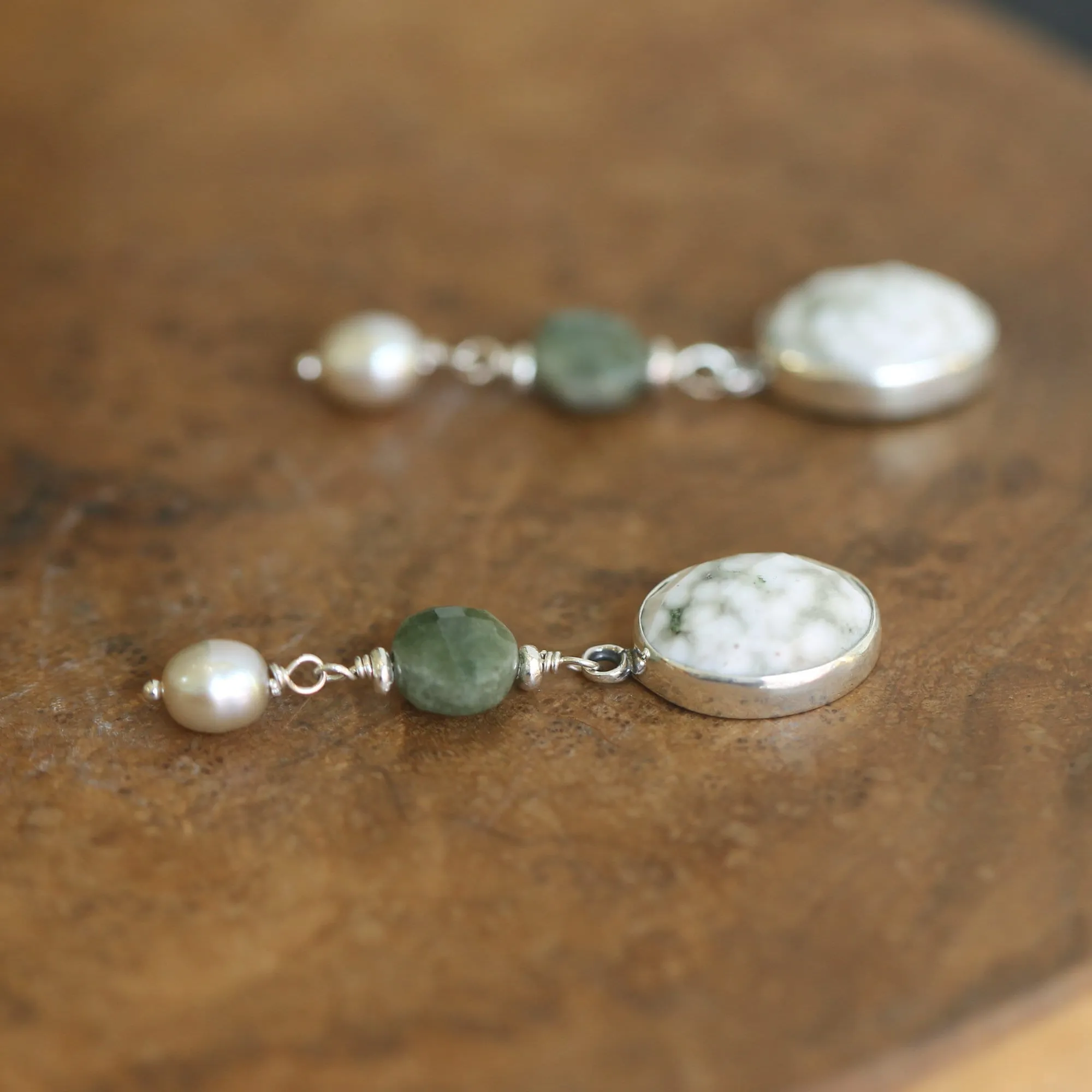 Ready to Ship - Ocean Jasper Posts with Jade and Peals - Silversmith Post Earrings - Sterling Silver Studs