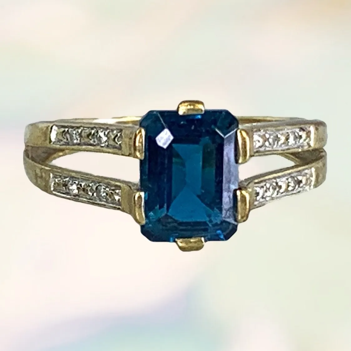 RESERVED LISTING Vintage London Blue Topaz and Diamond Engagement Ring. 9K Yellow Gold Setting. 4th Anniversary.