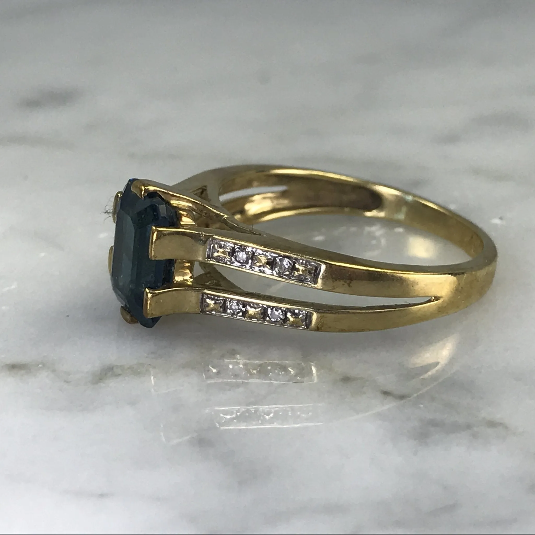 RESERVED LISTING Vintage London Blue Topaz and Diamond Engagement Ring. 9K Yellow Gold Setting. 4th Anniversary.