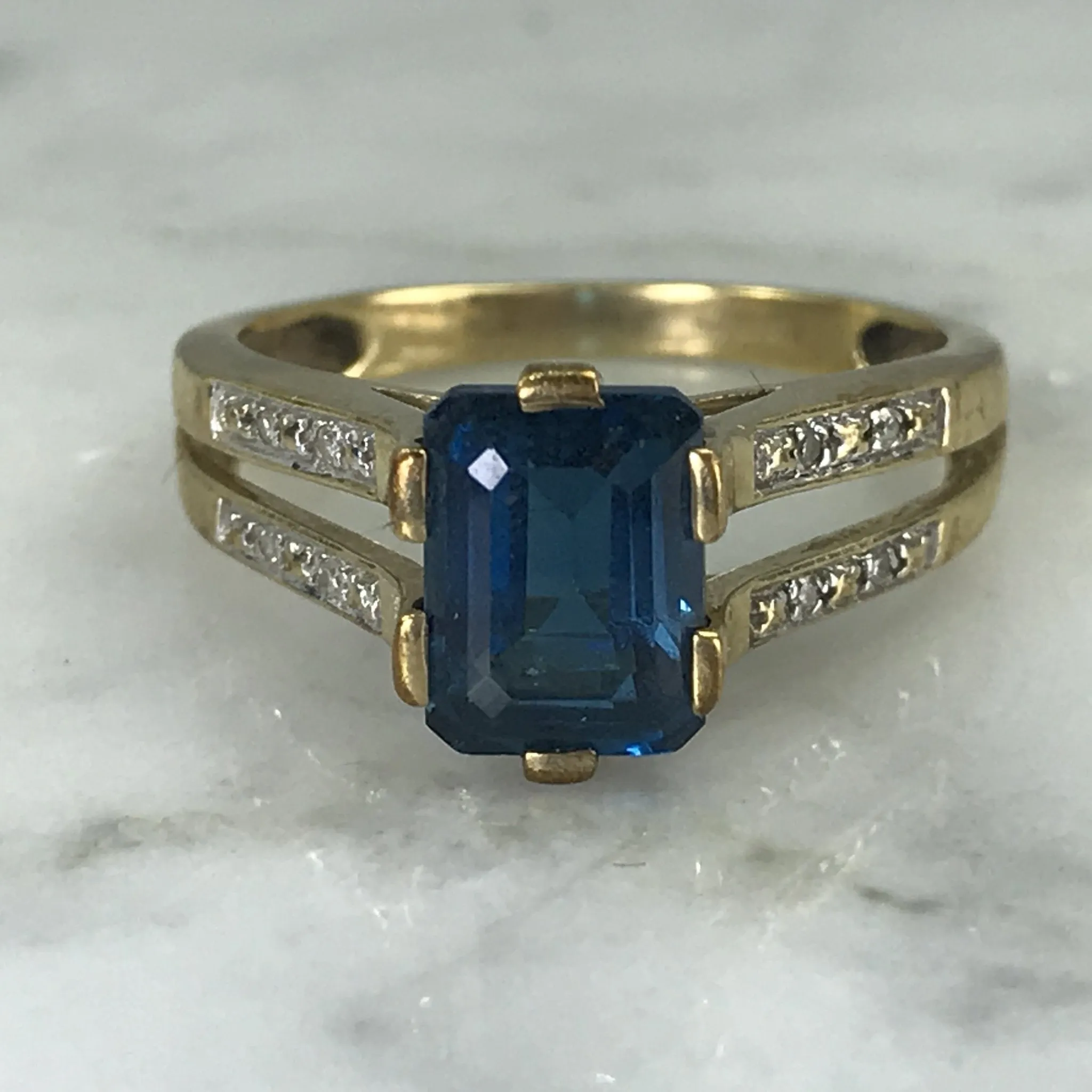 RESERVED LISTING Vintage London Blue Topaz and Diamond Engagement Ring. 9K Yellow Gold Setting. 4th Anniversary.