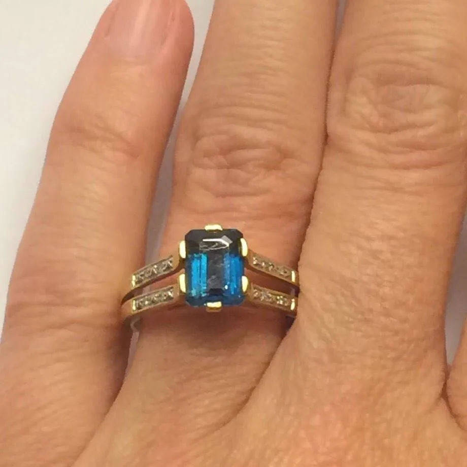 RESERVED LISTING Vintage London Blue Topaz and Diamond Engagement Ring. 9K Yellow Gold Setting. 4th Anniversary.