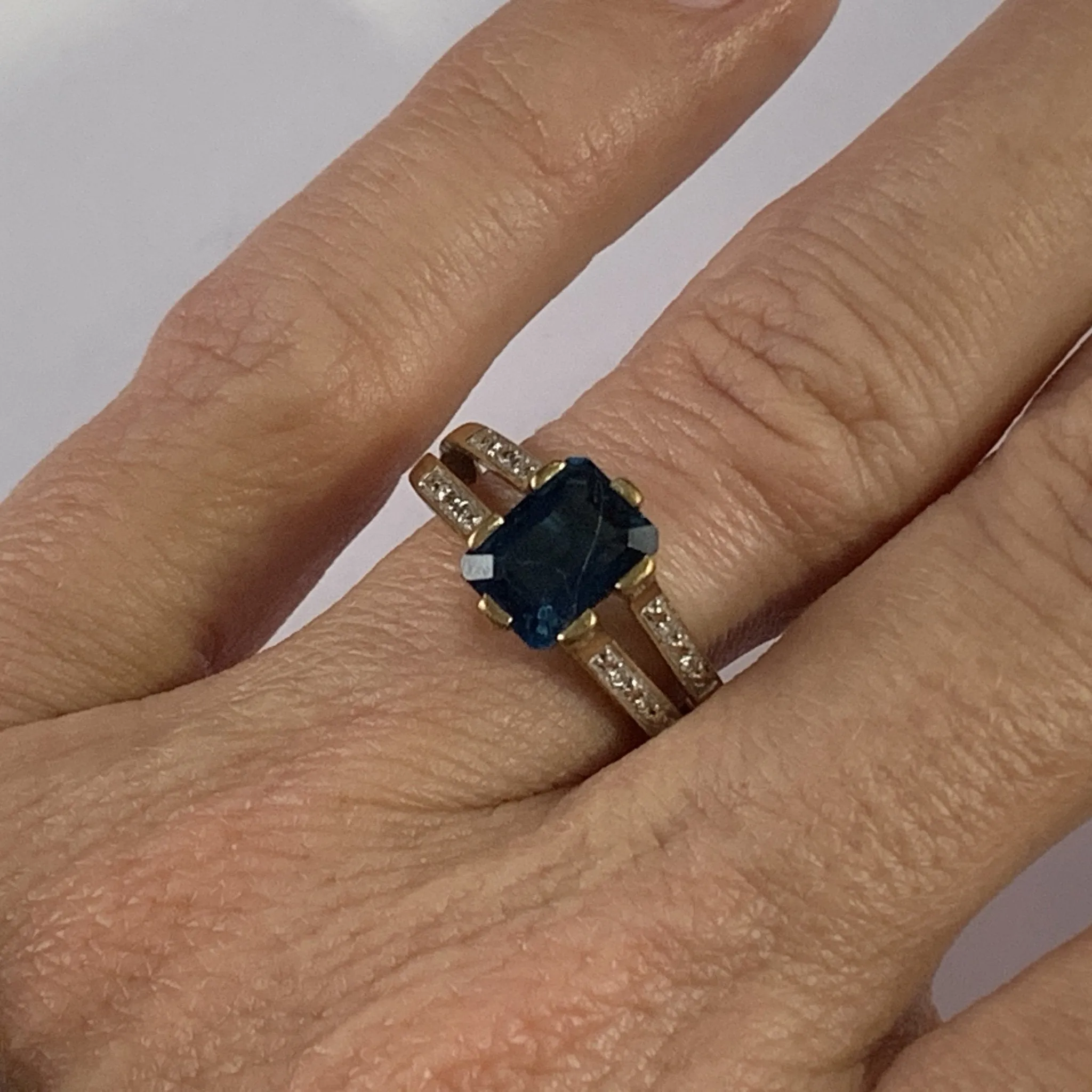 RESERVED LISTING Vintage London Blue Topaz and Diamond Engagement Ring. 9K Yellow Gold Setting. 4th Anniversary.