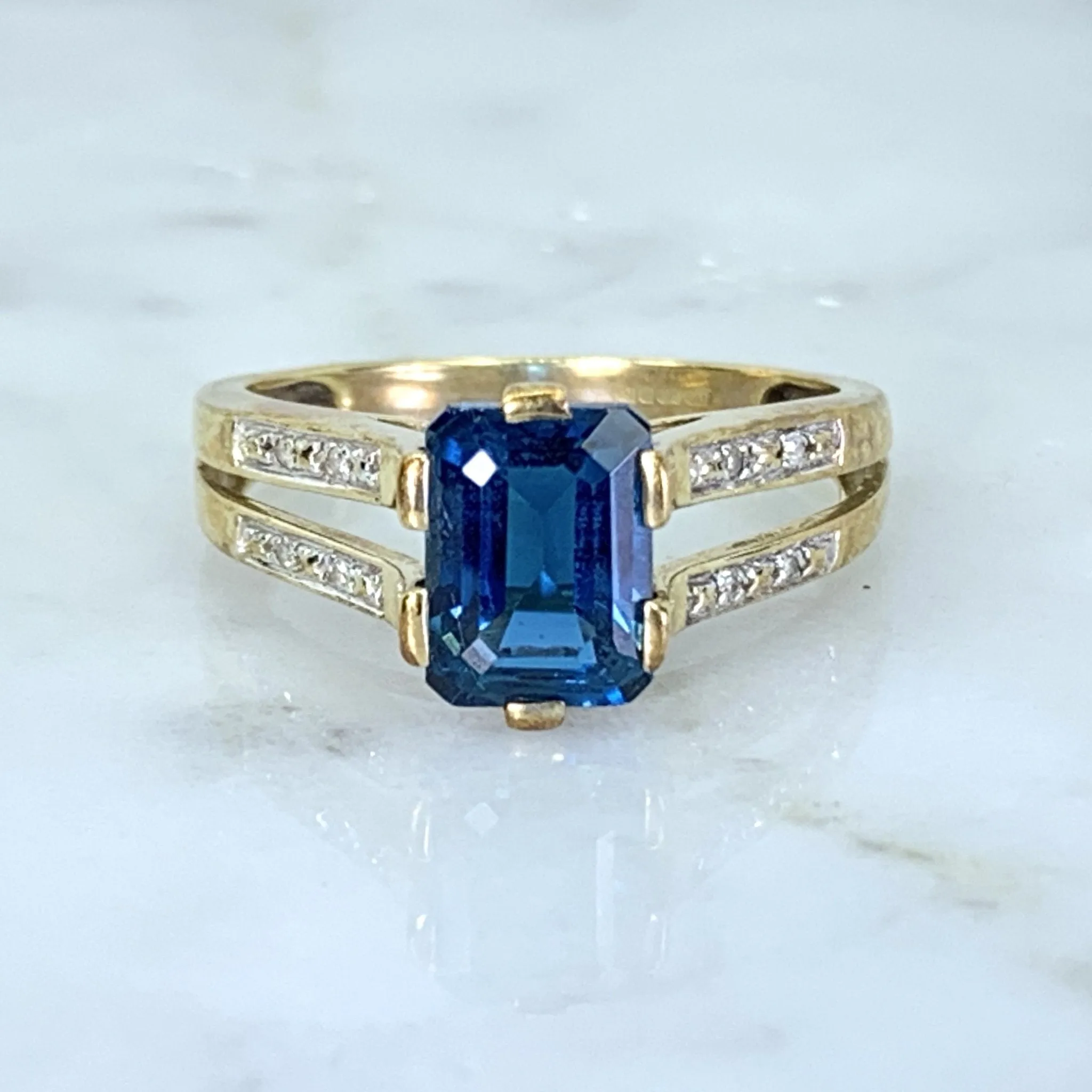 RESERVED LISTING Vintage London Blue Topaz and Diamond Engagement Ring. 9K Yellow Gold Setting. 4th Anniversary.