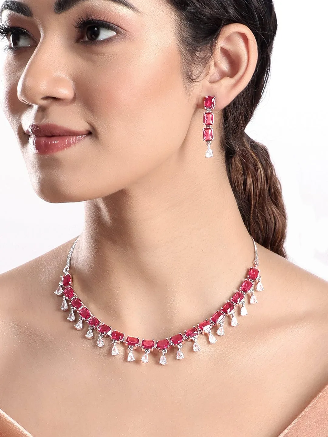 Rubans Rhodium Plated Premium White & Rubelute Zircons Necklace Set.