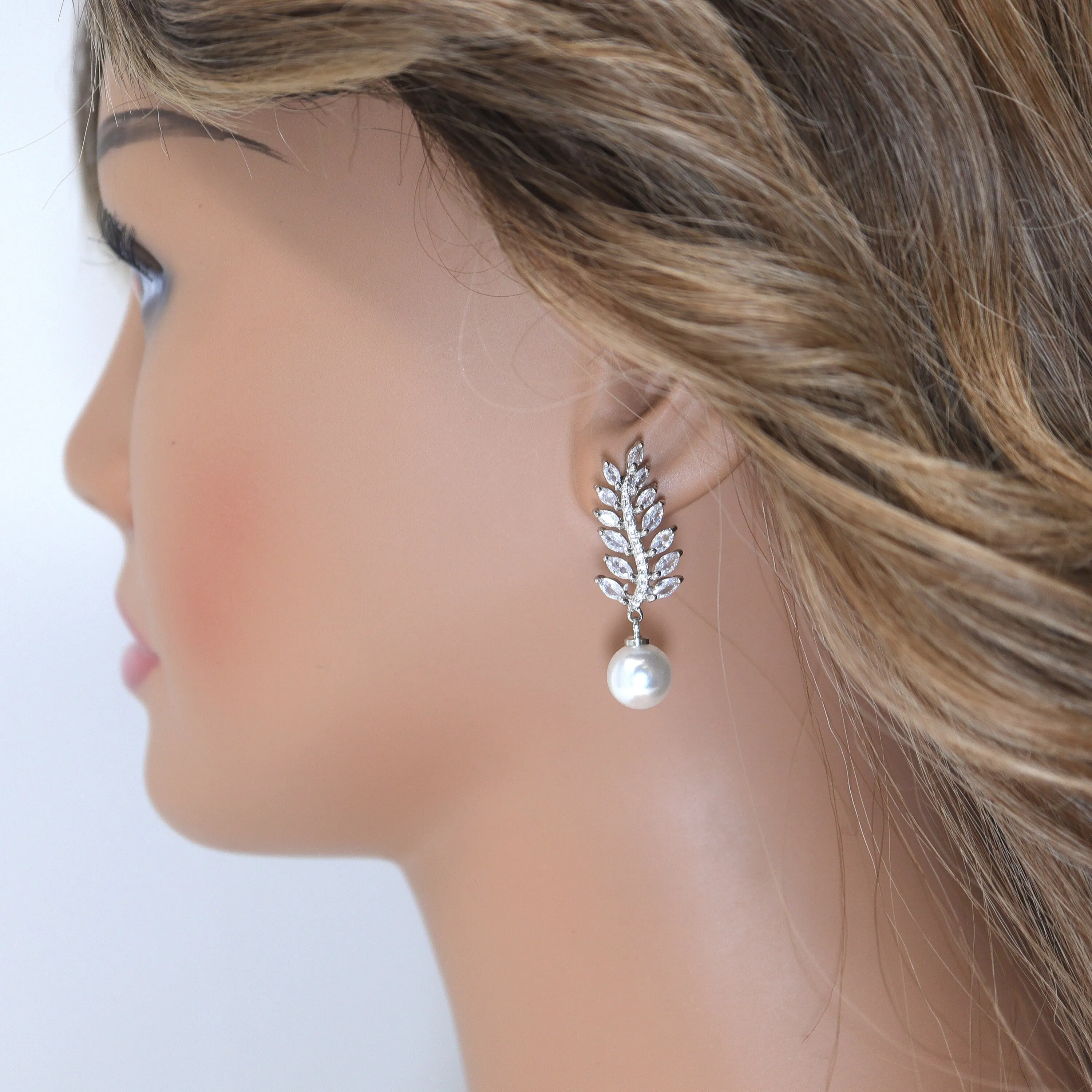 Shimmering Crystal Adorned: Vine Leaves Pearl Drop Bridal Earrings, Crystal Bridal Earrings, Statement Earrings Cz