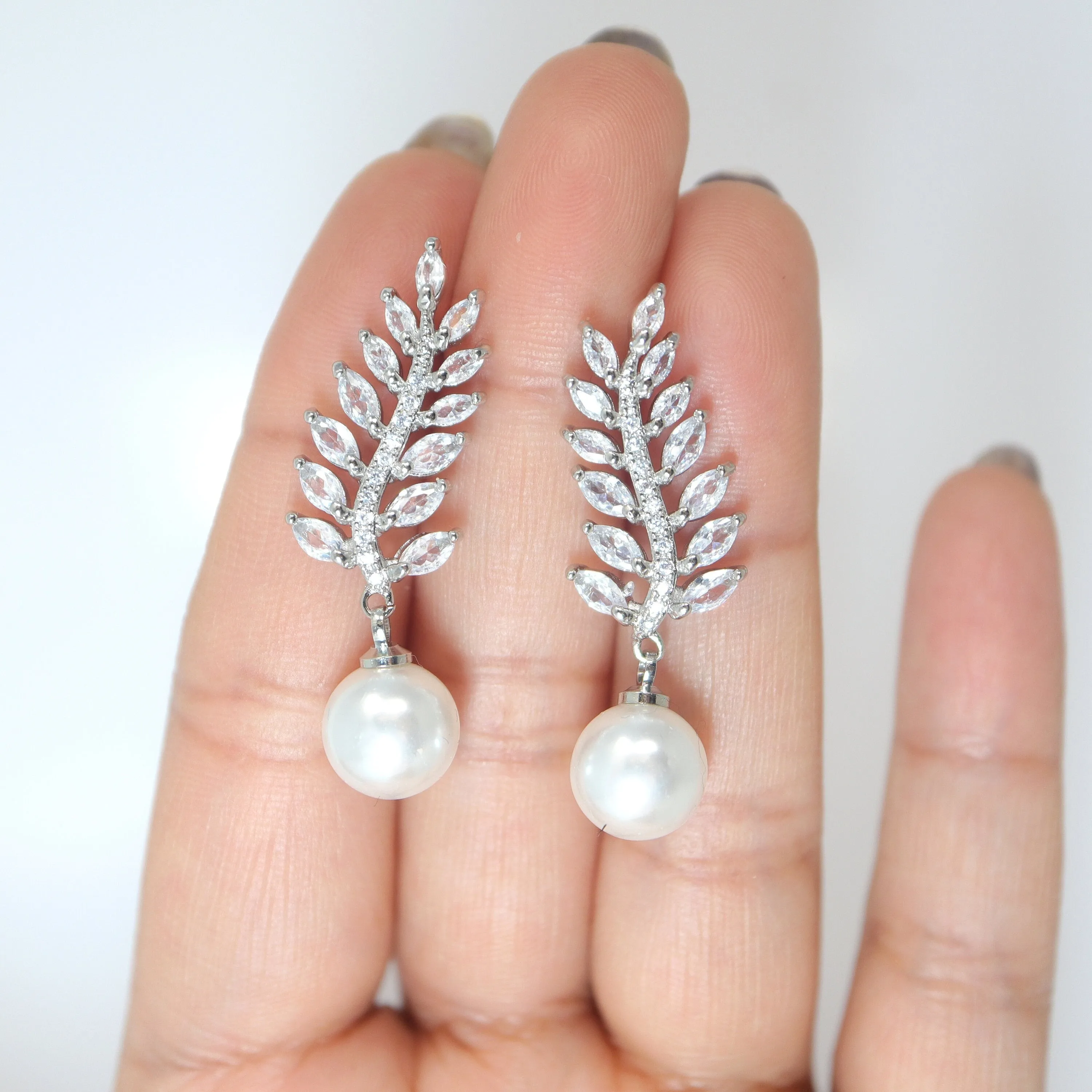 Shimmering Crystal Adorned: Vine Leaves Pearl Drop Bridal Earrings, Crystal Bridal Earrings, Statement Earrings Cz