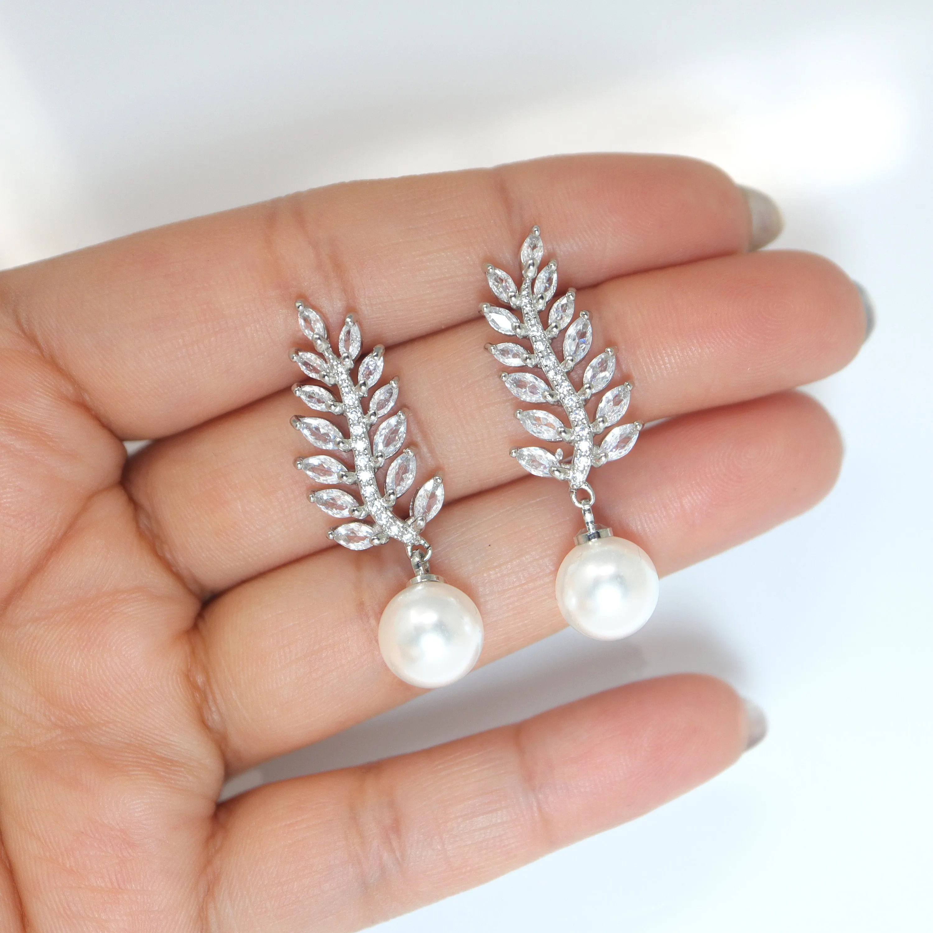 Shimmering Crystal Adorned: Vine Leaves Pearl Drop Bridal Earrings, Crystal Bridal Earrings, Statement Earrings Cz