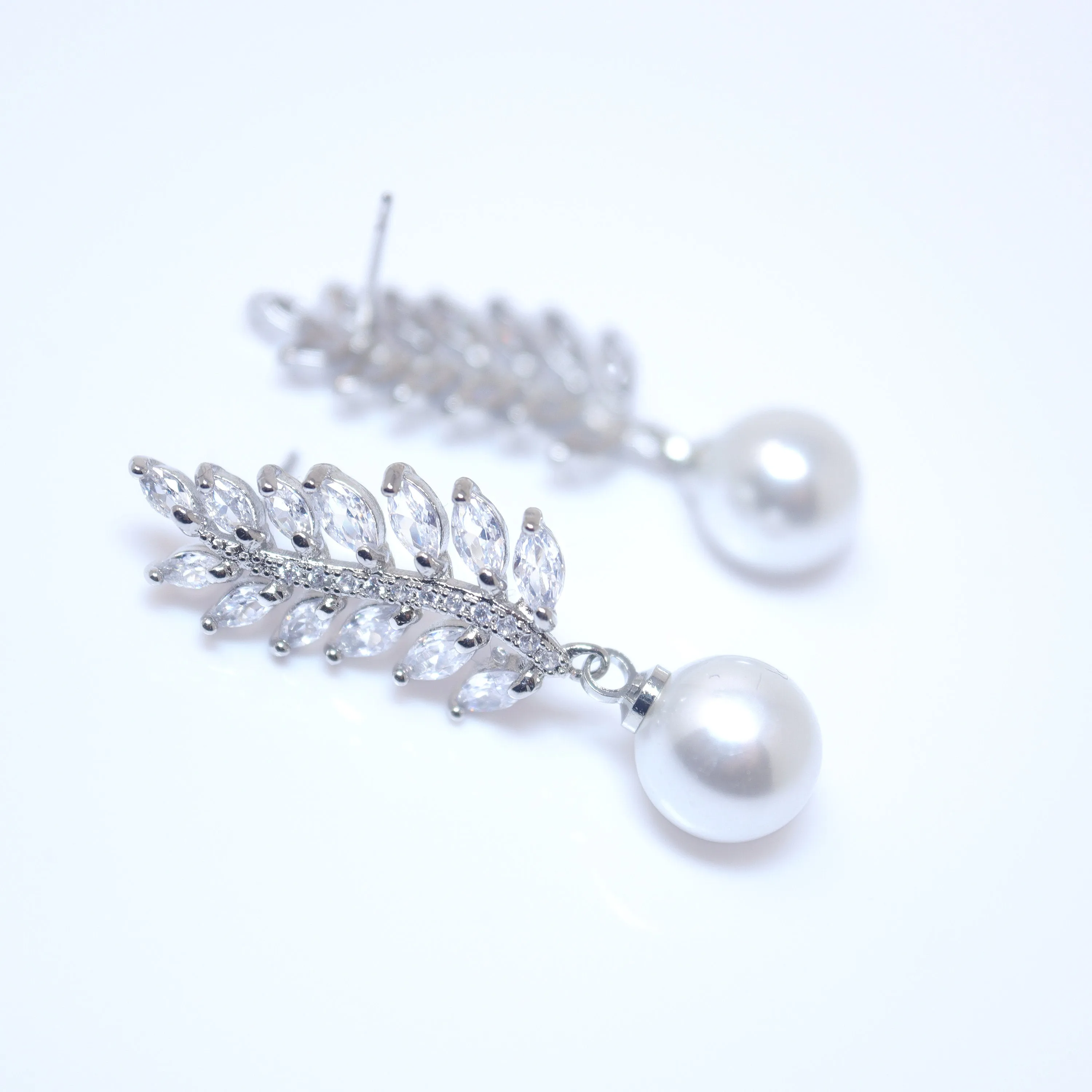 Shimmering Crystal Adorned: Vine Leaves Pearl Drop Bridal Earrings, Crystal Bridal Earrings, Statement Earrings Cz