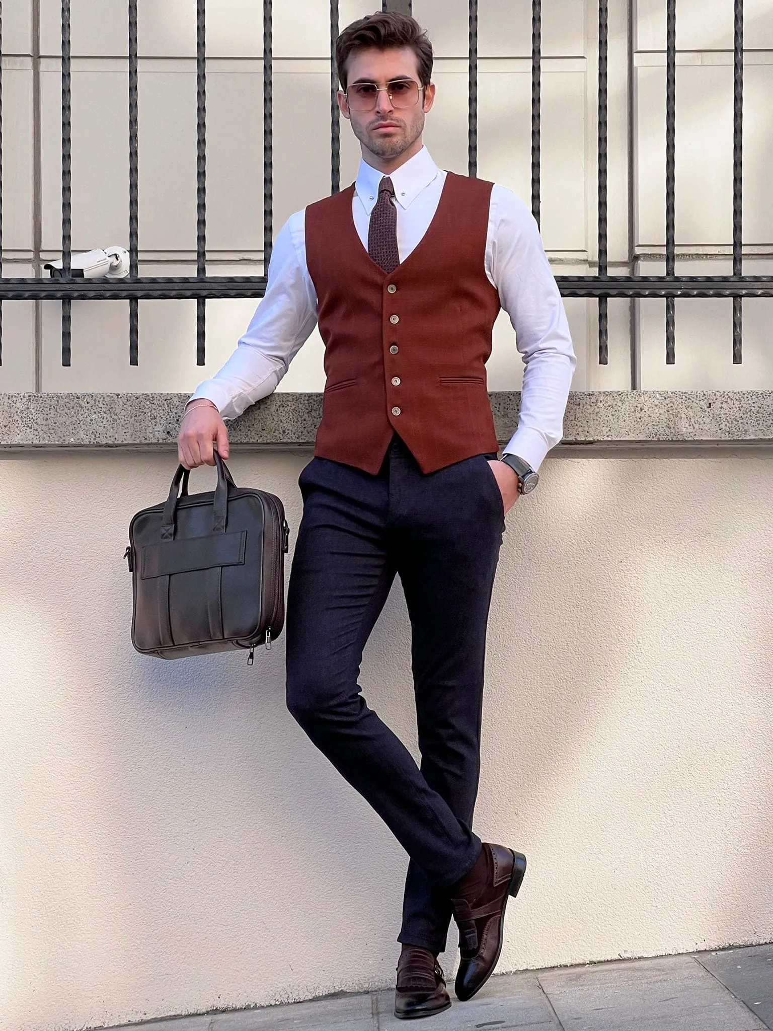 Slim Fit Wool Tile Brown Men’s Waistcoat