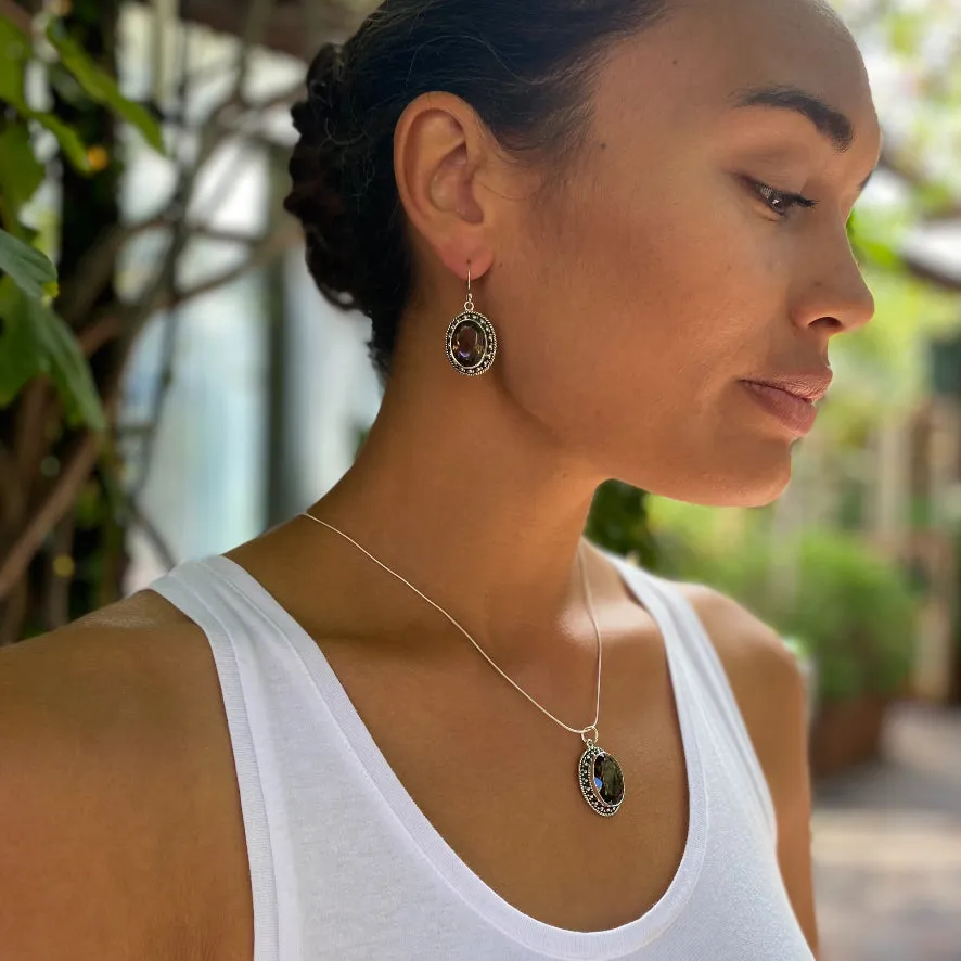 Smoky Quartz Earrings & Pendant Set with Oval Gemstones - Mishka