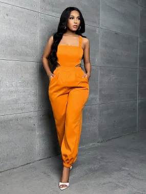 Solid Cut Out Waist Slant Pocket Jumpsuit