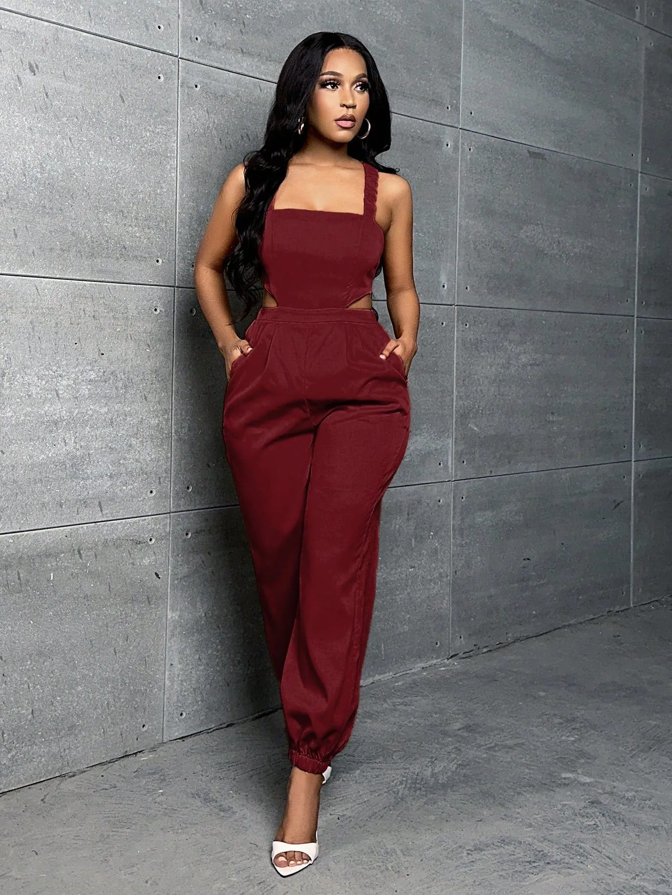 Solid Cut Out Waist Slant Pocket Jumpsuit