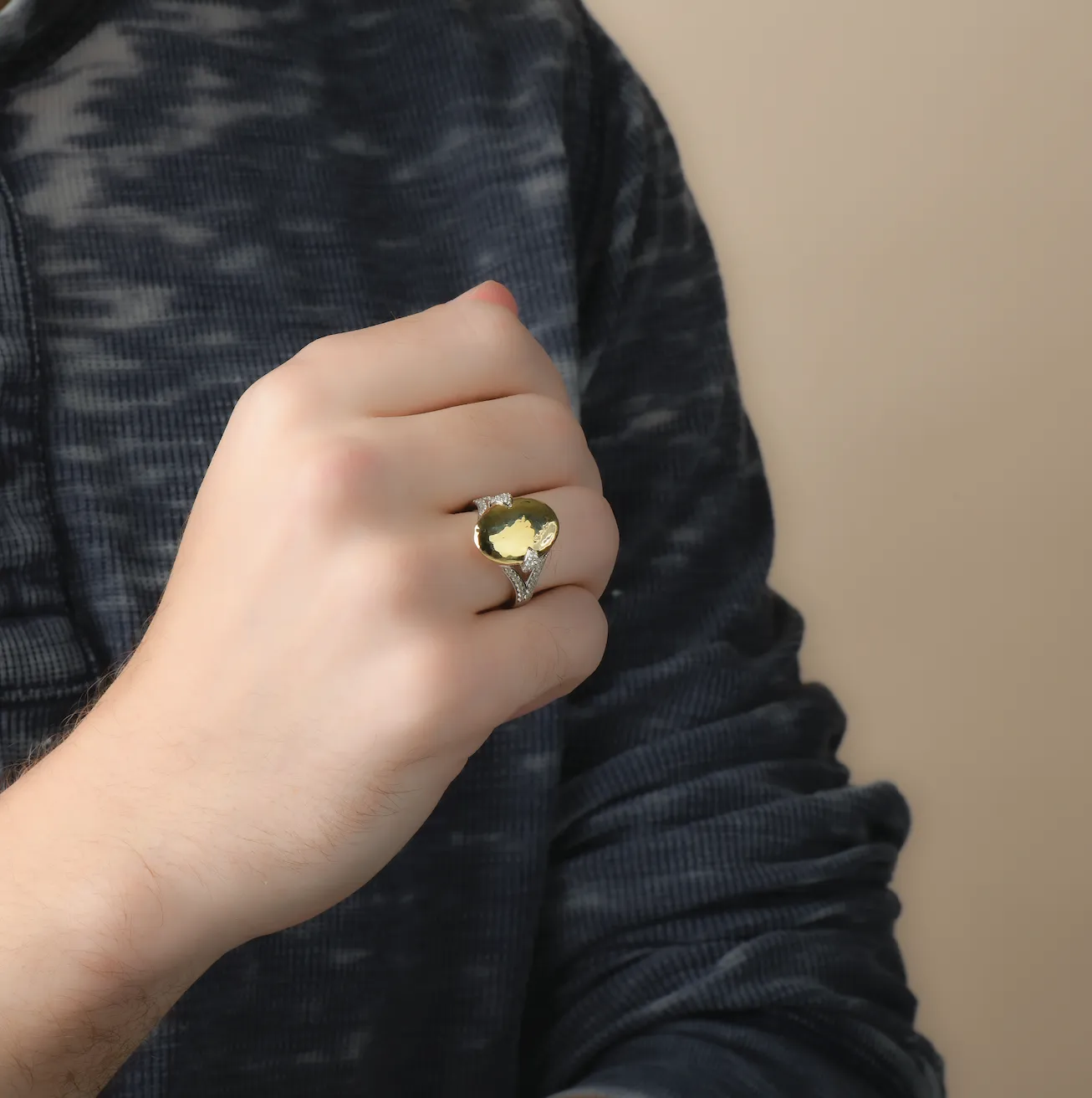 Solid Gold Sterling Silver White Sapphire Hammered Ring