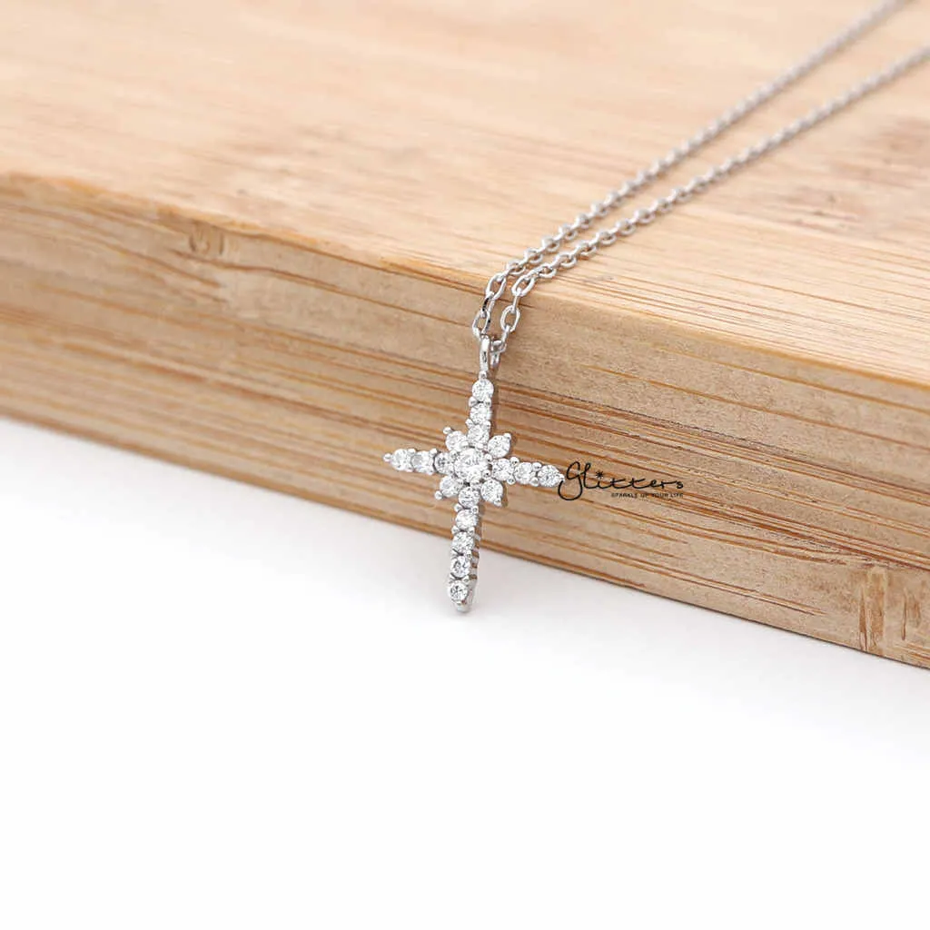 Sterling Silver CZ Paved Cross Women's Necklace with 43cm Chain