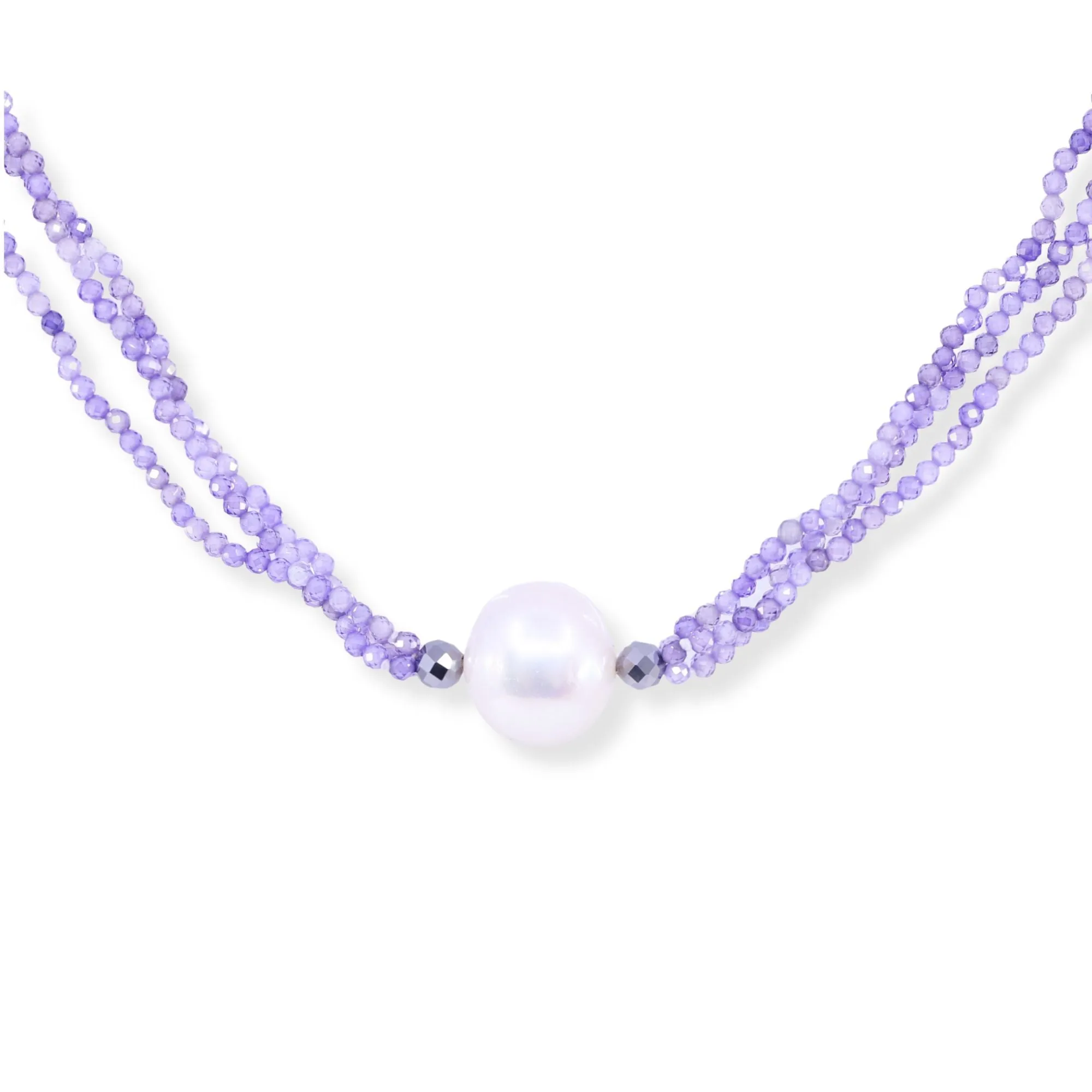 STERLING SILVER PEARL AND PURPLE ZIRCON STRAND NECKLACE