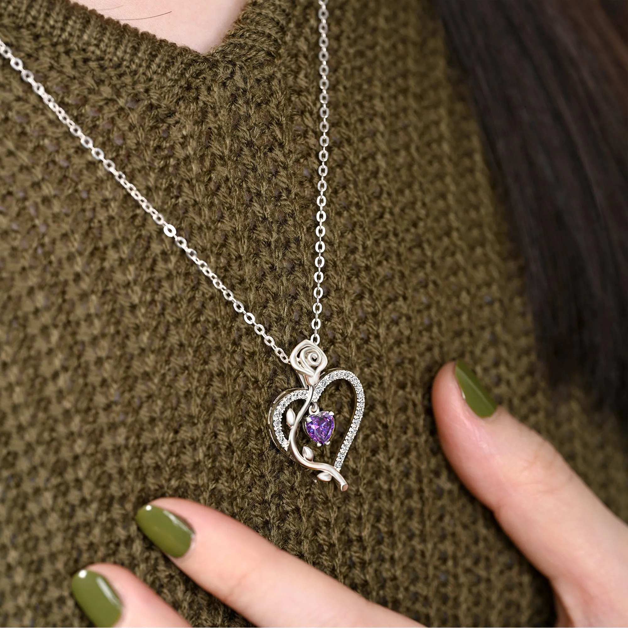 Sterling Silver Rose Heart Necklace with Purple CZ