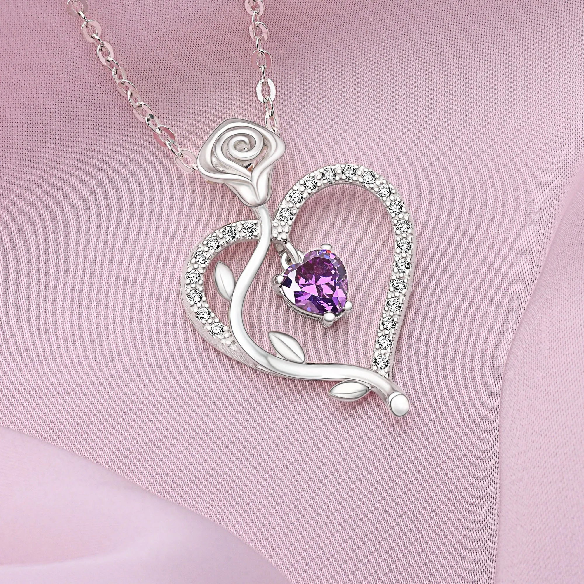 Sterling Silver Rose Heart Necklace with Purple CZ