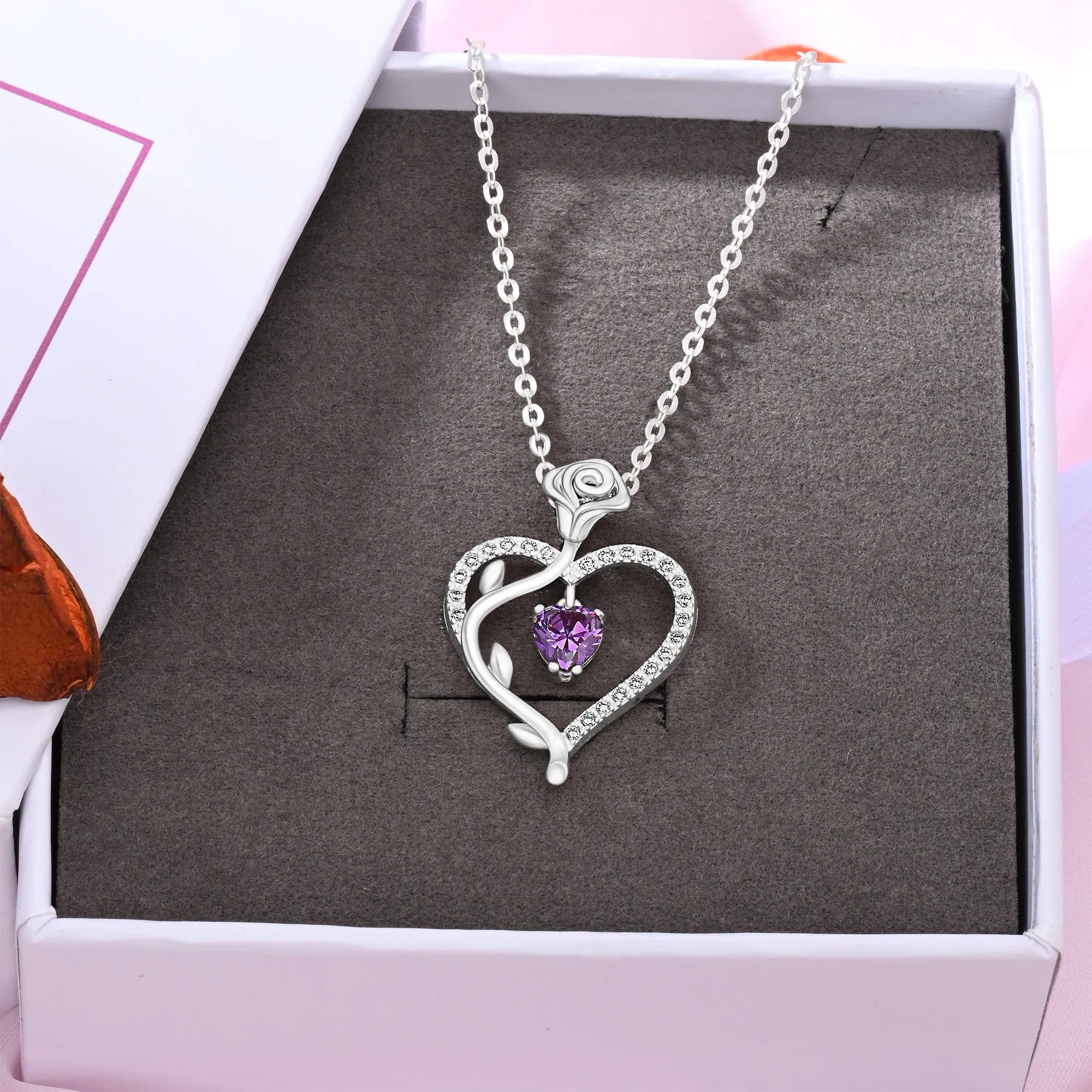 Sterling Silver Rose Heart Necklace with Purple CZ