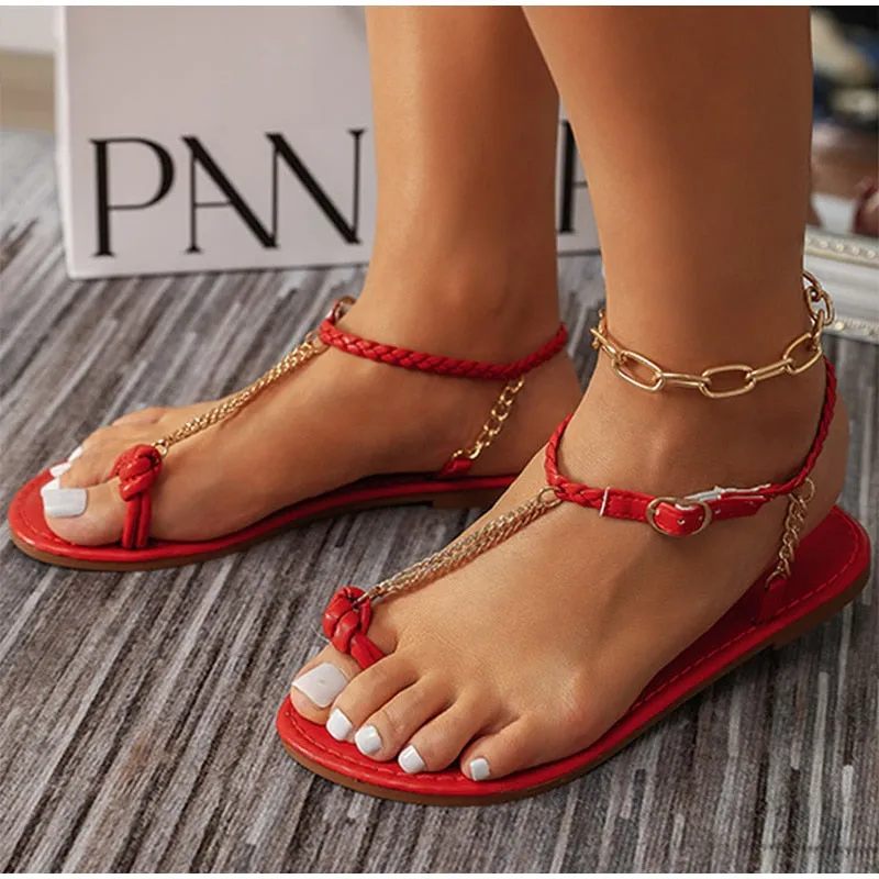 Summer Rome Sandals Flat Weave Metal Chain Design Open Toe Sexy Buckle