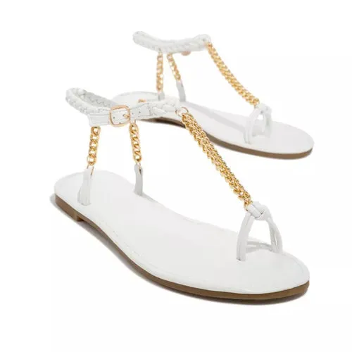 Summer Rome Sandals Flat Weave Metal Chain Design Open Toe Sexy Buckle