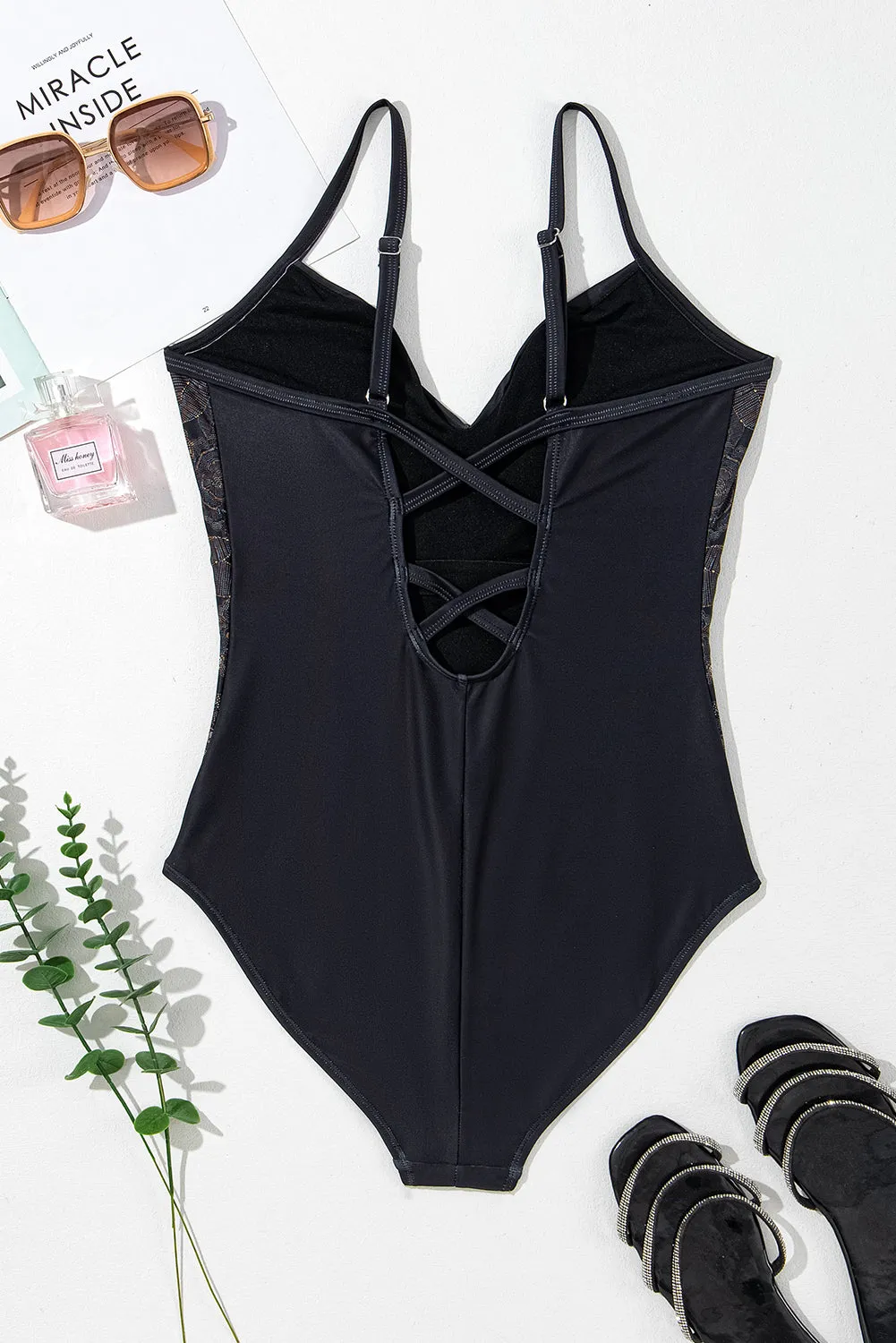 Sunset Vacation  Embroidered V-Neck One-Piece Swimwear