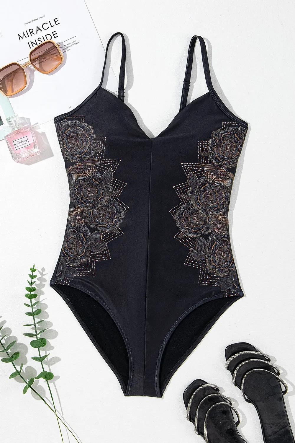 Sunset Vacation  Embroidered V-Neck One-Piece Swimwear