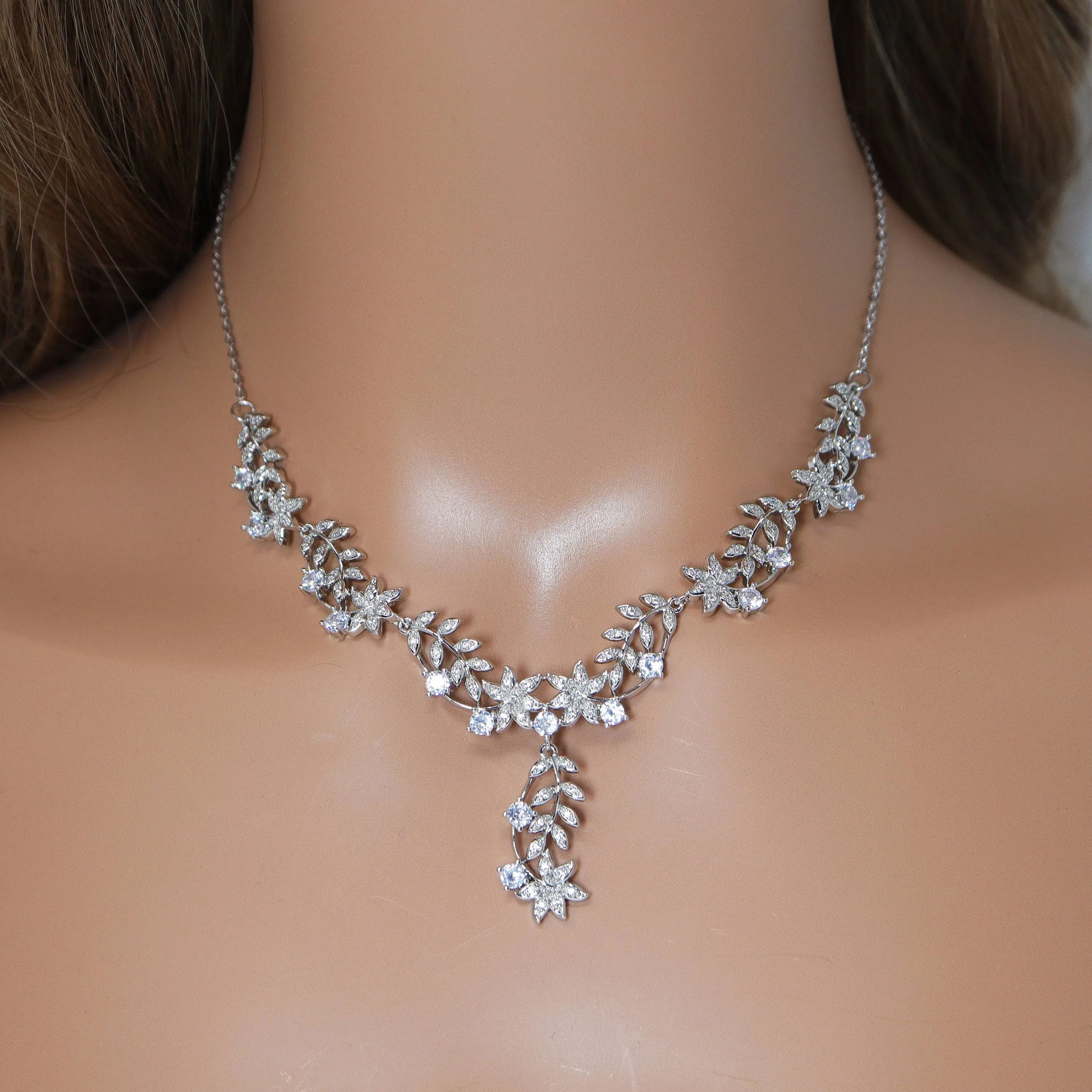 Swarovski Dancing Floral Vine Leaves Necklace, Long Bridal Jewelry, Bridal Earrings And Necklace, Statement Earrings Cz Necklace Set.