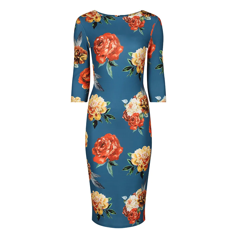 Teal Blue Rose Floral Print 3/4 Sleeve Bodycon Pencil Wiggle Dress