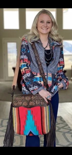 The Rojo Casa Grande Tooled Leather Top Navajo Fringe Bag