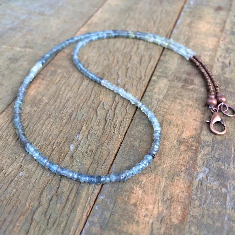 Thin Aquamarine Necklace, Aquamarine Laring Necklace with Copper Accents