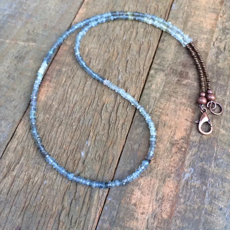 Thin Aquamarine Necklace, Aquamarine Laring Necklace with Copper Accents