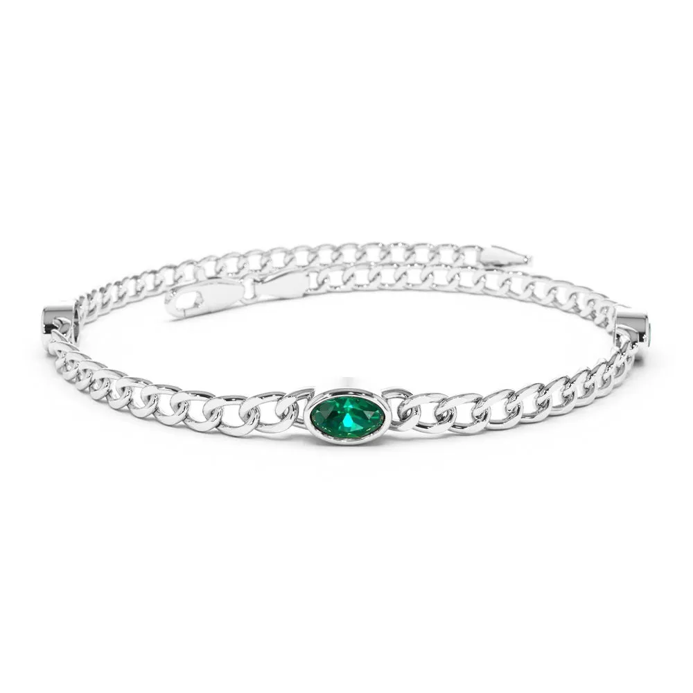 Three Oval Shaped Lab Grown Emeralds Curb Link Chain Bracelet