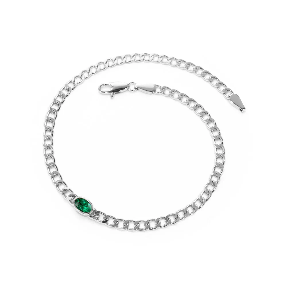 Three Oval Shaped Lab Grown Emeralds Curb Link Chain Bracelet