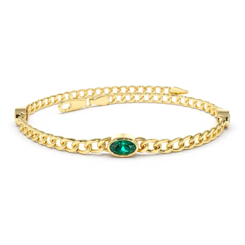 Three Oval Shaped Lab Grown Emeralds Curb Link Chain Bracelet