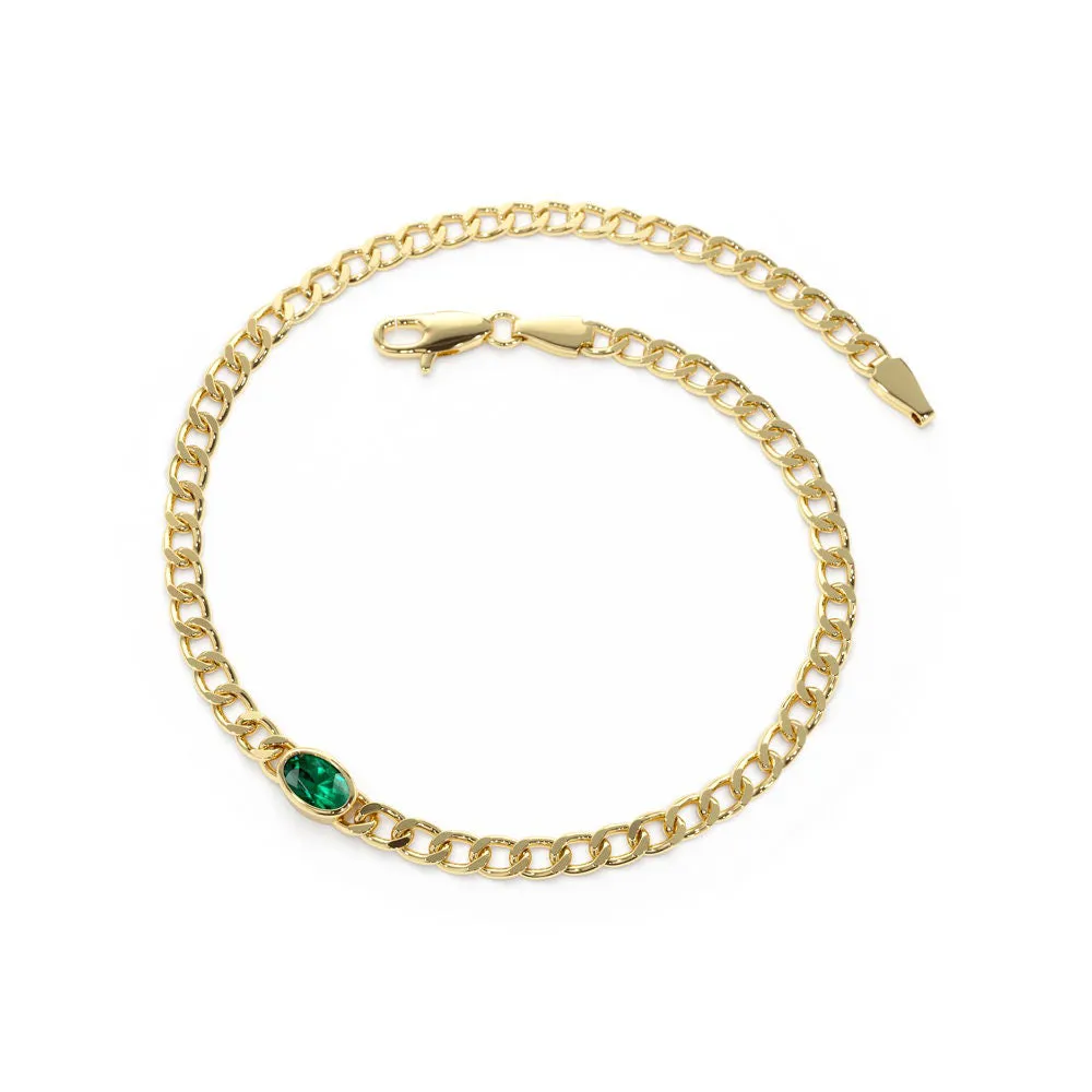 Three Oval Shaped Lab Grown Emeralds Curb Link Chain Bracelet