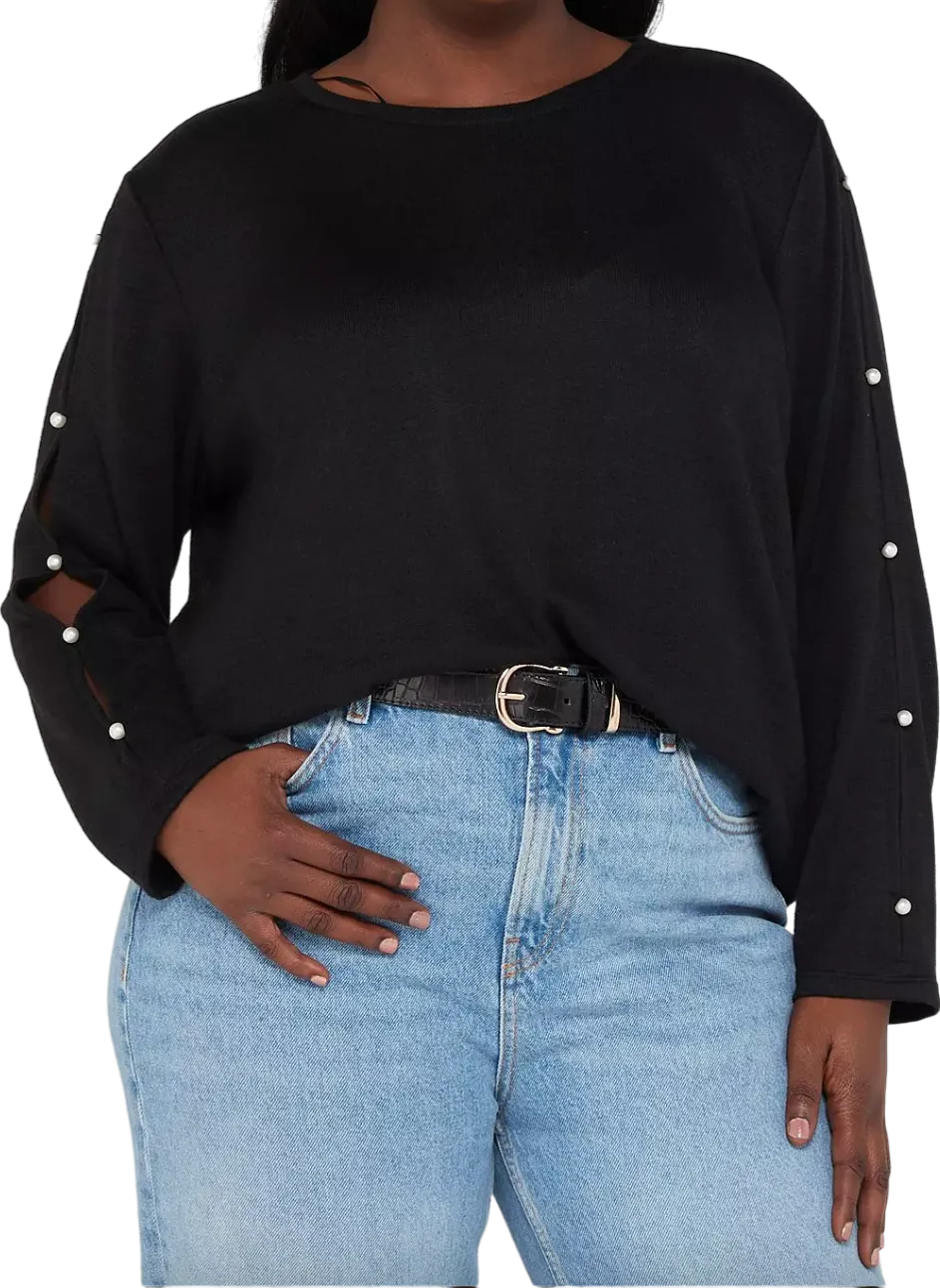 V by Very Curve Crew Neck Pearl embellished Sleeve Detail Top - Black UK 26