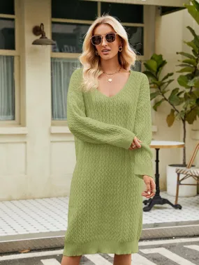 V-Neck Long Sleeve Sweater Dress