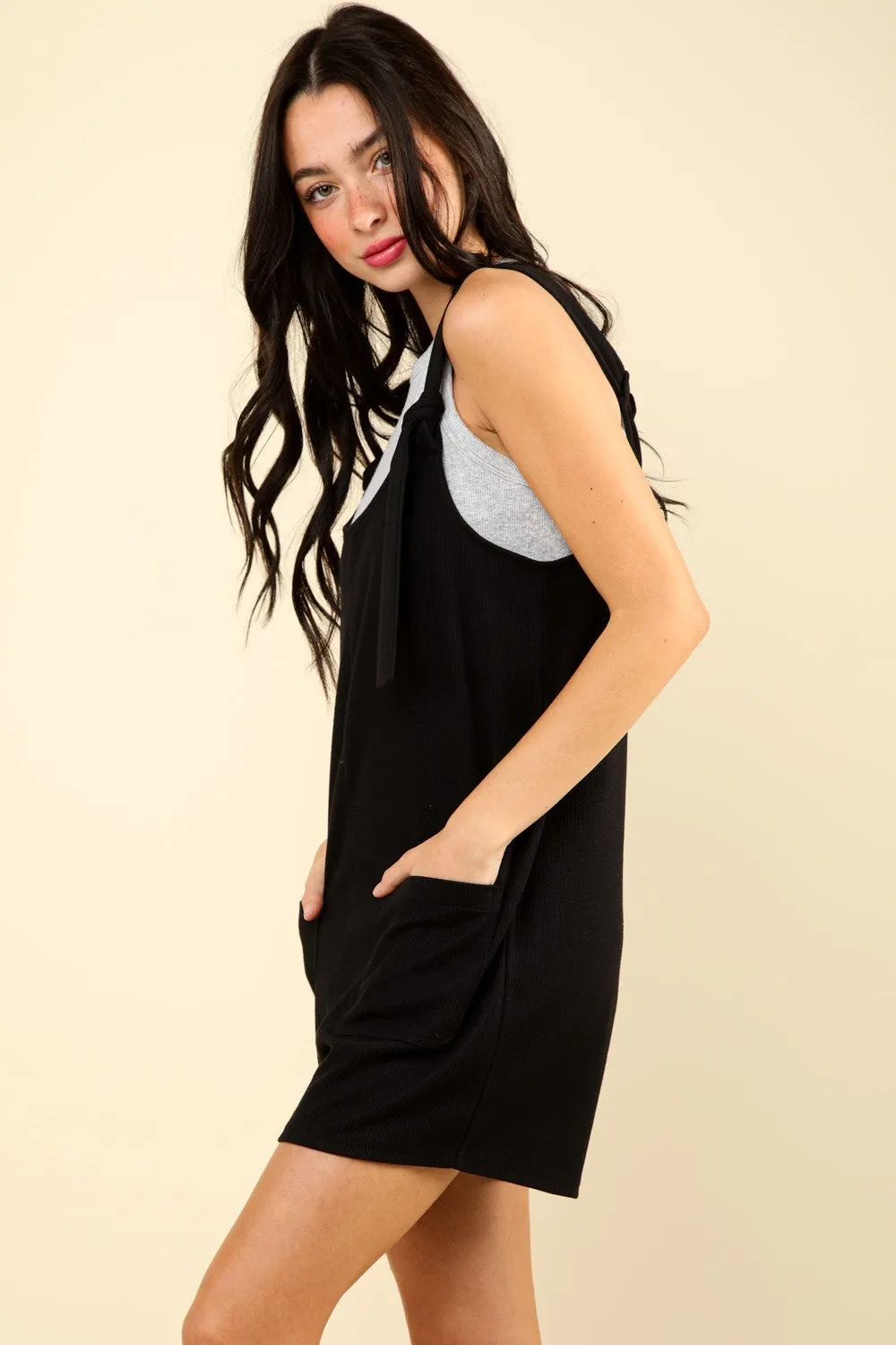 VERY J Tie Shoulder Front Pocket Romper