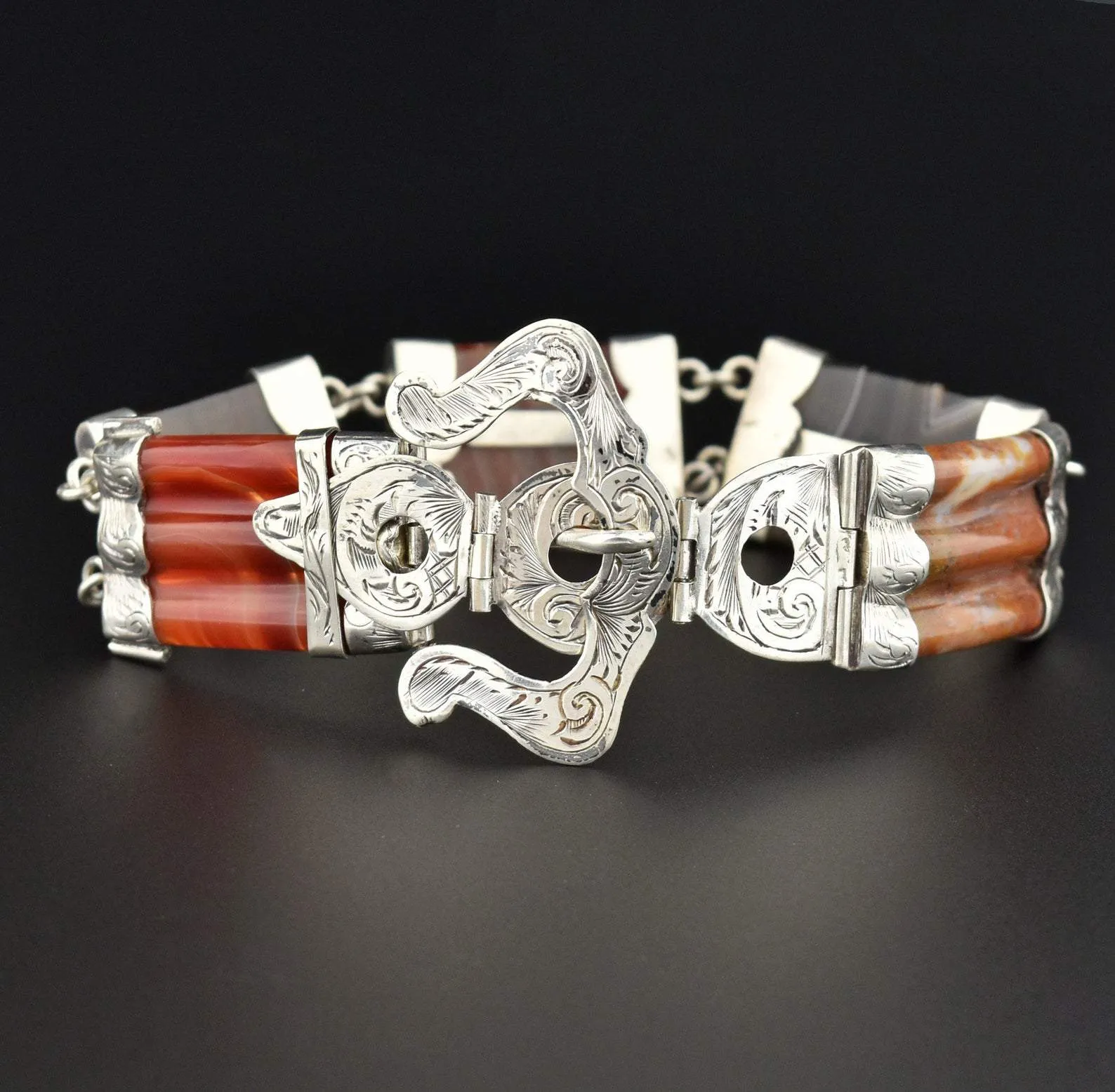 Victorian Sterling Silver Scottish Agate Buckle Bracelet