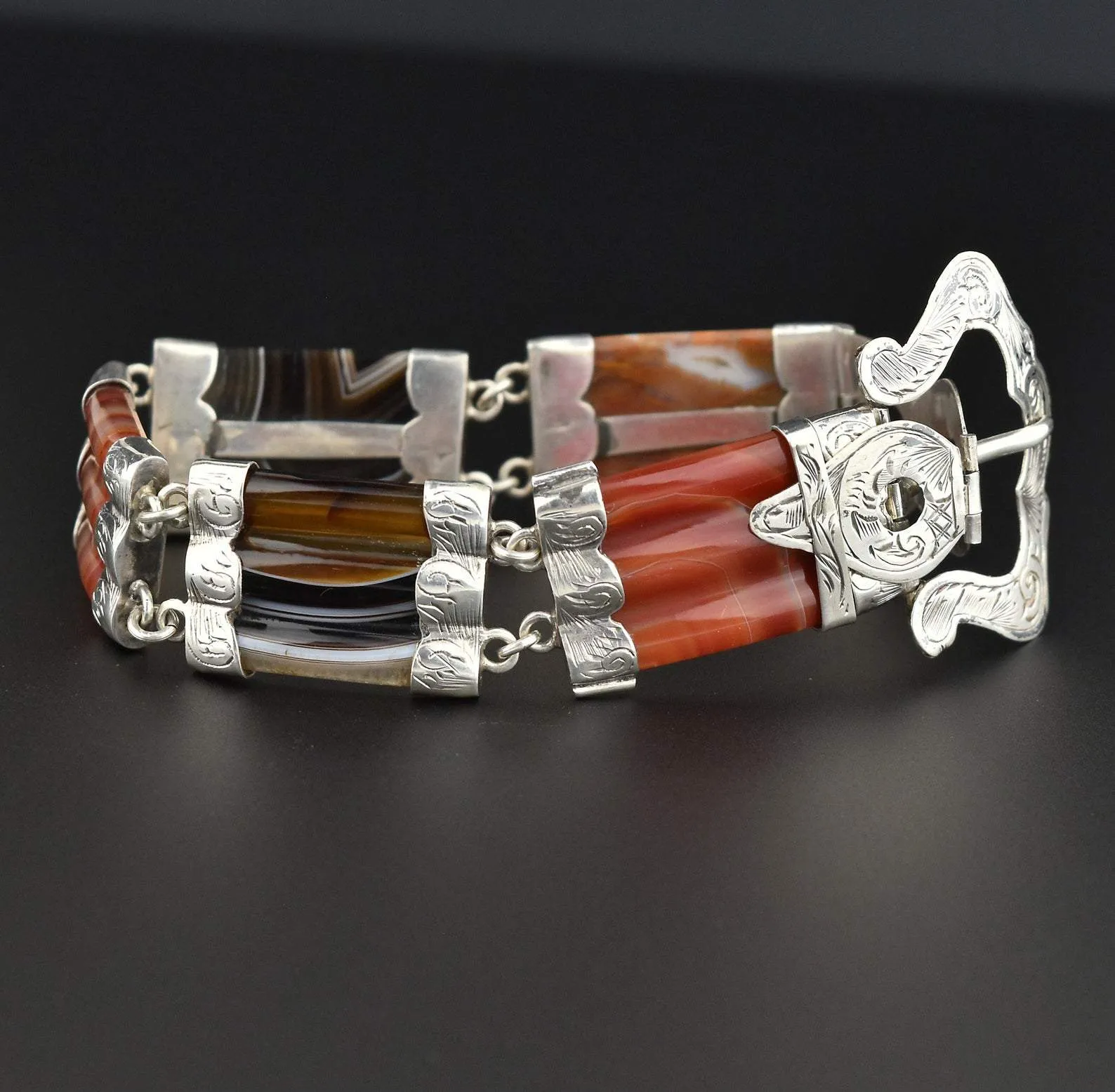 Victorian Sterling Silver Scottish Agate Buckle Bracelet