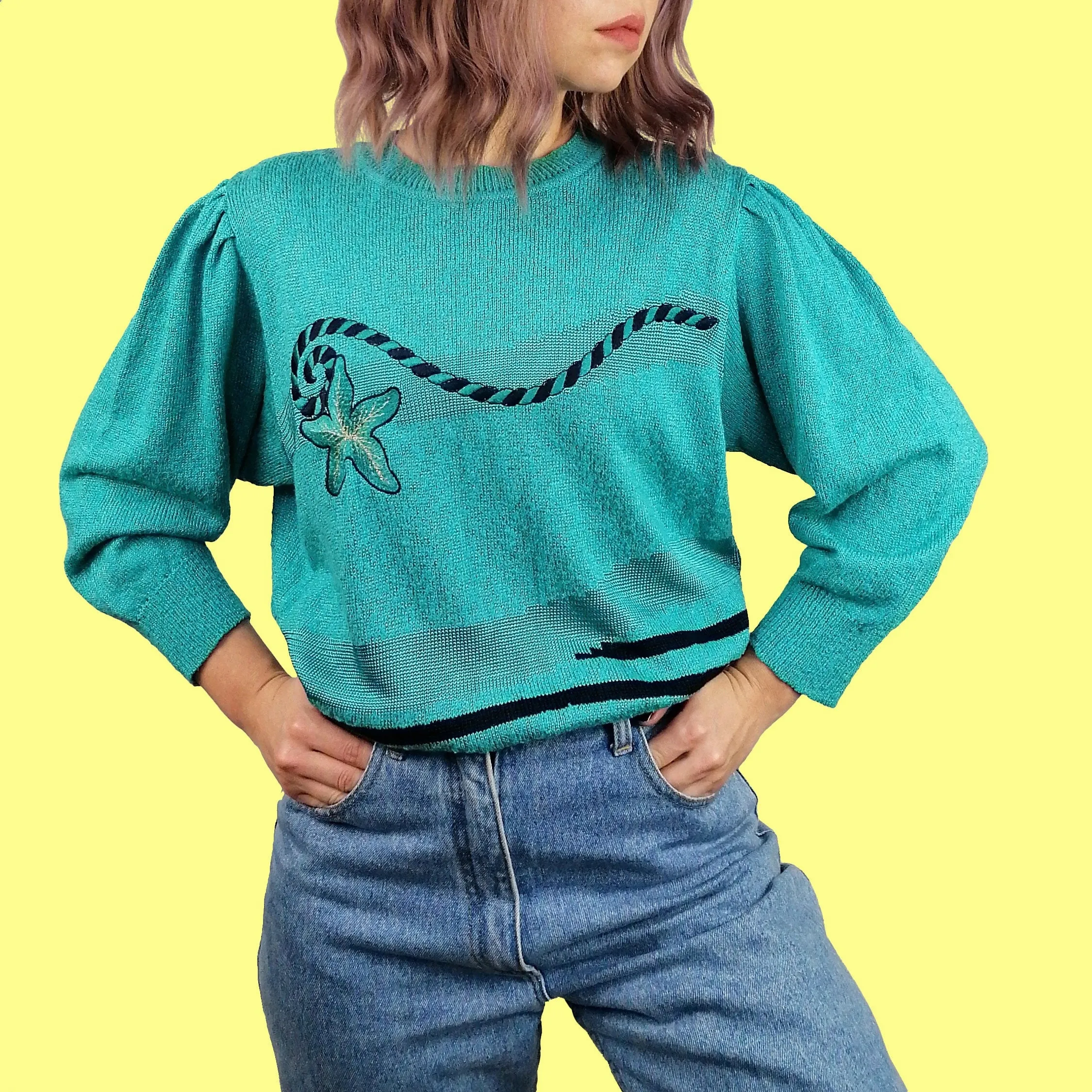 Vintage 80's Embroidery Knit Turquoise Retro Sweater